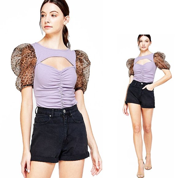 Paris Peek-A-Boo Leopard Puff Sleeve Top - WT1042 - Picture 6 of 6